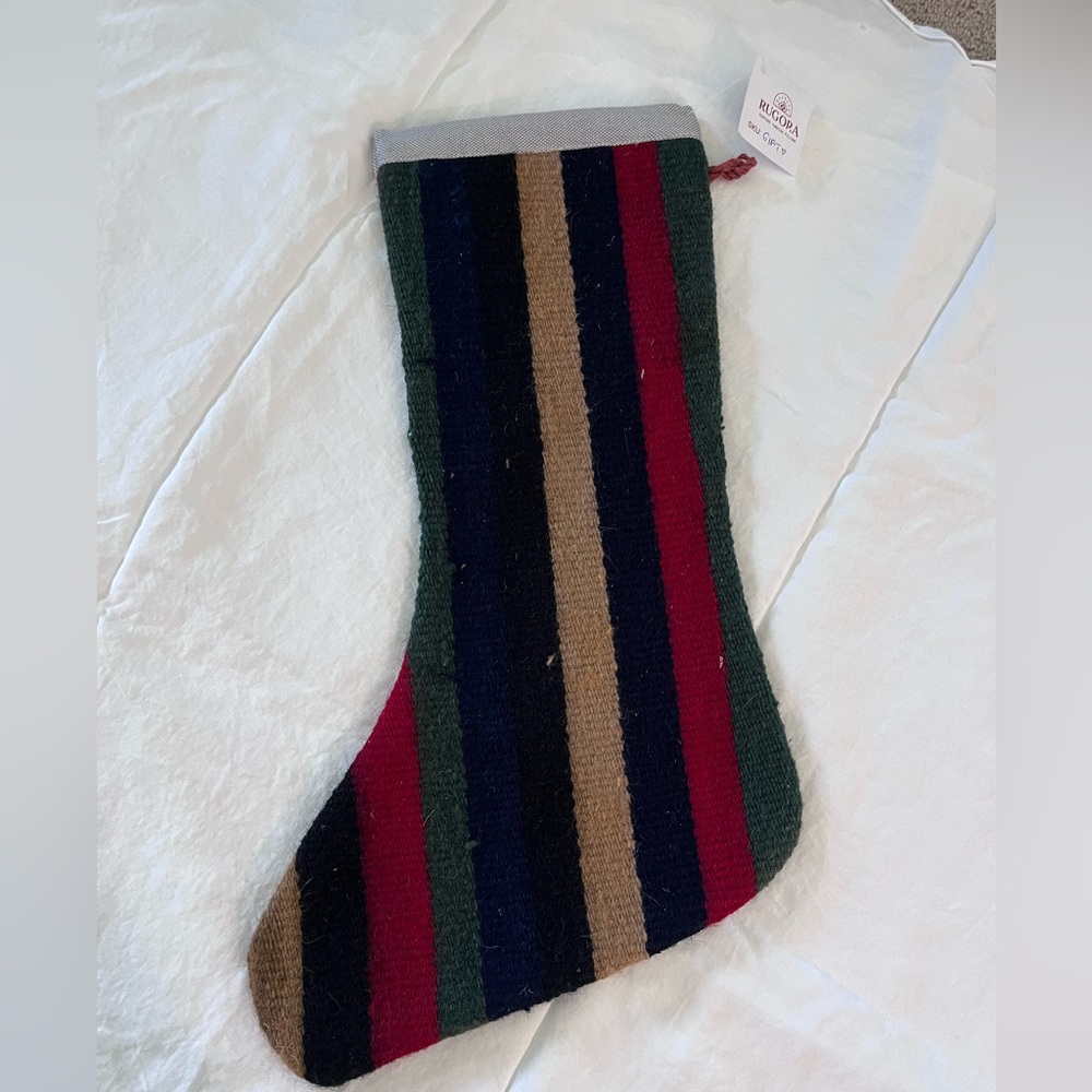 Vintage Turkish Kilim Christmas Stocking, Handmade Rug Fireplace Decor Striped